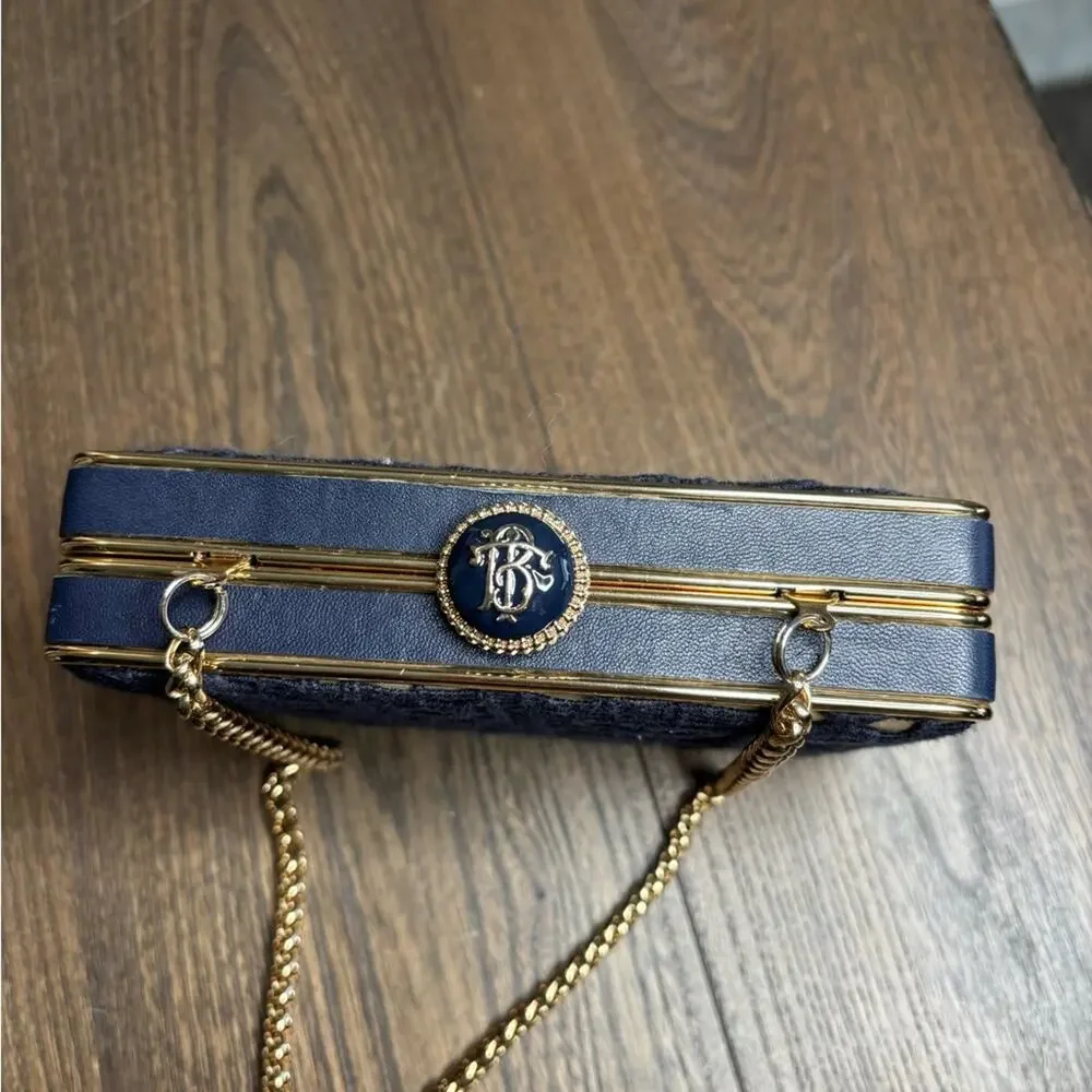 Tory Burch Navy Blue Gold Crochet Chain Evening Purse Clutch
